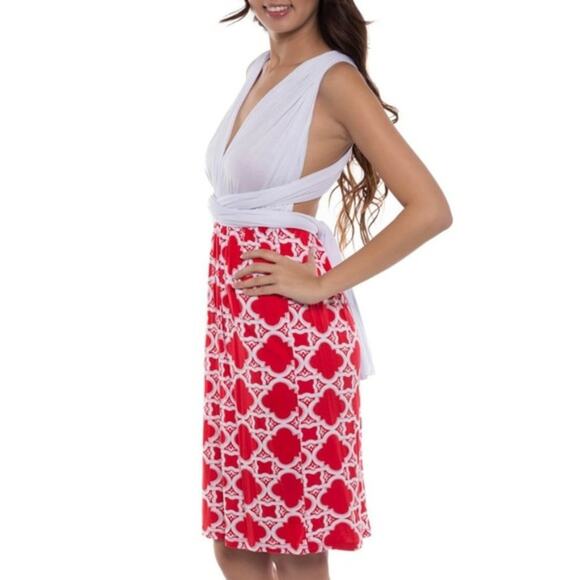 Red White Dress Transform Infinity Multi Way Strappy Midi Plaid Casual Gameday M - Picture 3 of 6